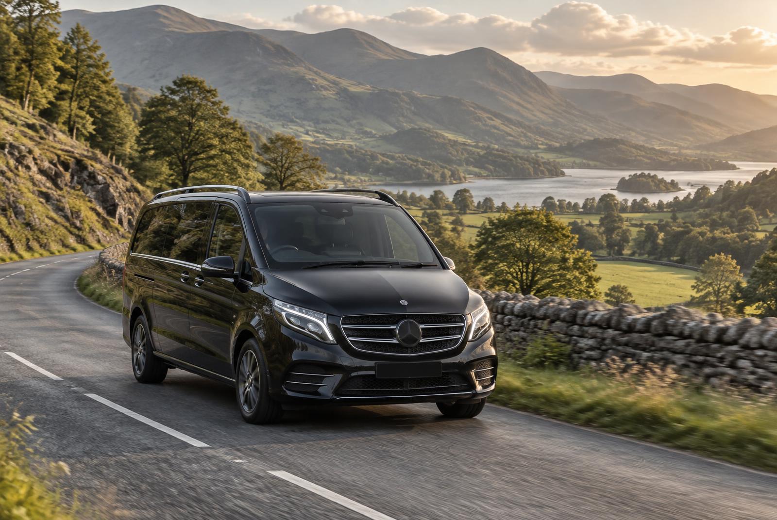 A black Mercedes people carrier driving along a scenic road in the Lake District with fells and a lake beyond