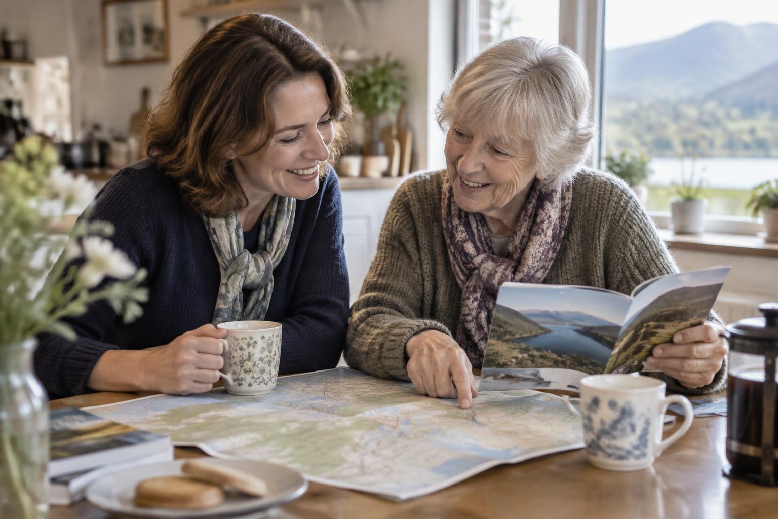 A daughter and her mother planning a Lake District trip together over a map and brochure at the kitchen table